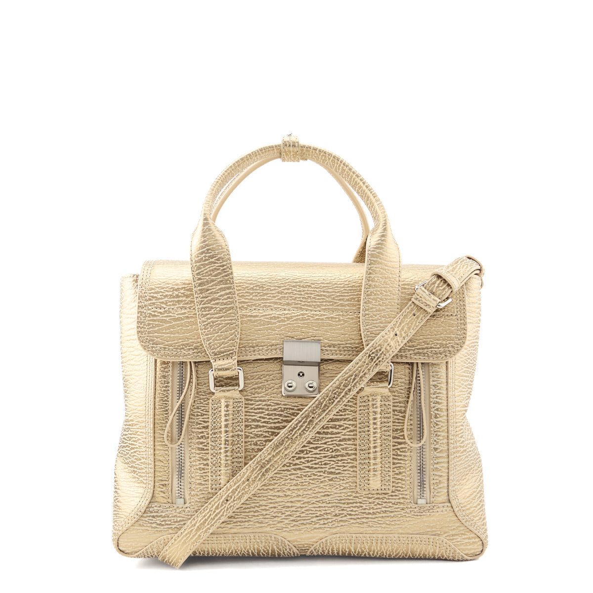 3.1 Phillip Lim Nude Platinum Textured Calfskin Medium Pashli Satchel