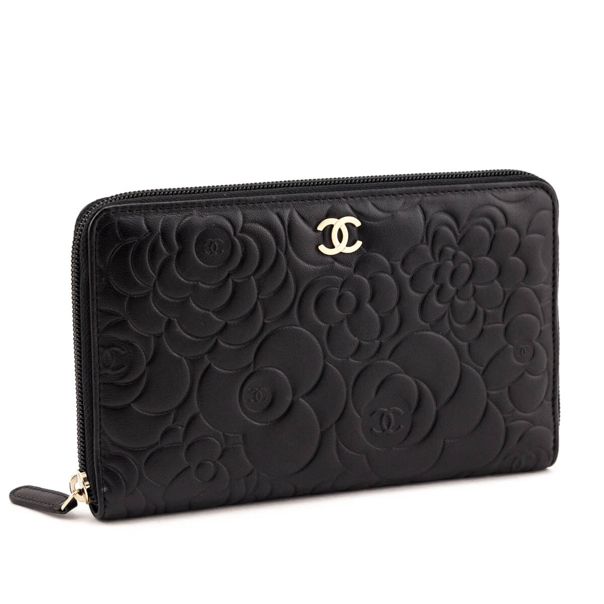 Chanel Black Camellia Embossed Lambskin Long Zip Wallet - Love that Bag etc - Preowned Authentic Designer Handbags & Preloved Fashions