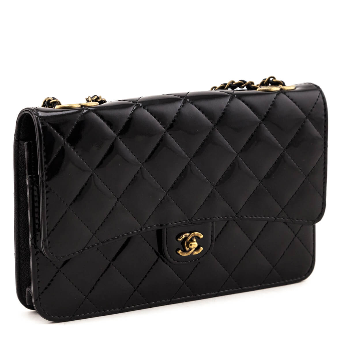 Chanel Black Patent Quilted CC Eyelet Wallet on Chain - Love that Bag etc - Preowned Authentic Designer Handbags & Preloved Fashions