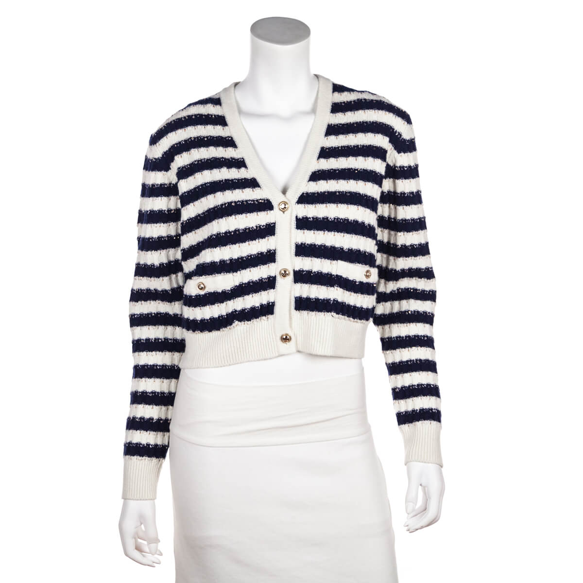 Chanel Blue & White Striped Cashmere Cardigan Size M | FR 40 - Love that Bag etc - Preowned Authentic Designer Handbags & Preloved Fashions