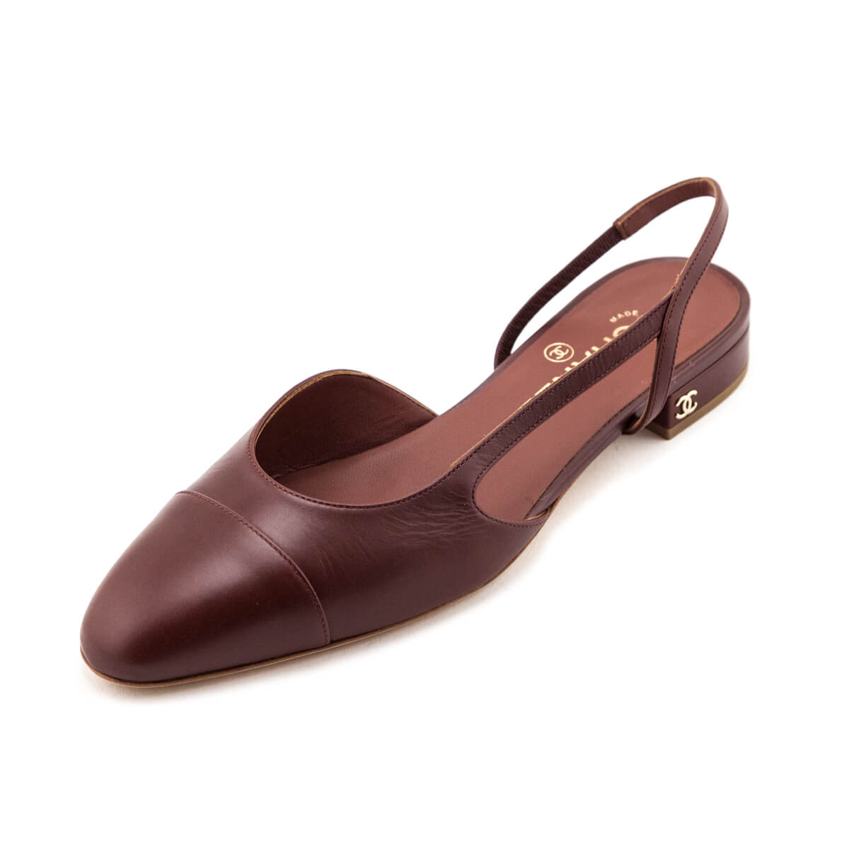 Chanel Brown Leather Slingback Cap Toe Flats Chanel Footwear