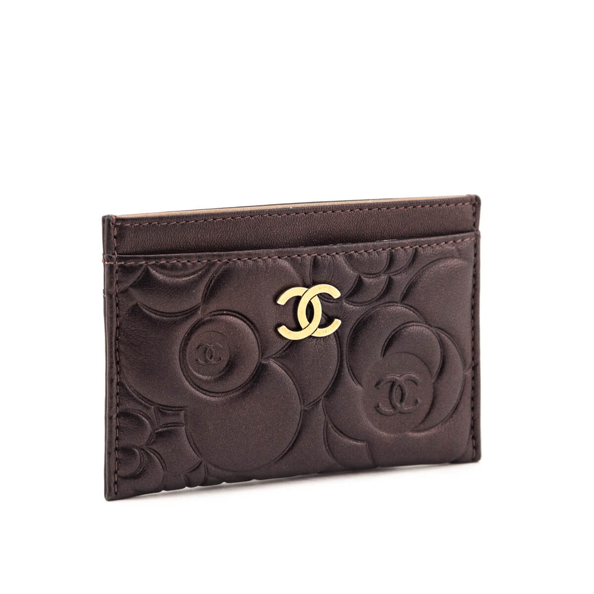 Chanel Metallic Dark Brown Camellia Embossed Lambskin Card Holder - Love that Bag etc - Preowned Authentic Designer Handbags & Preloved Fashions