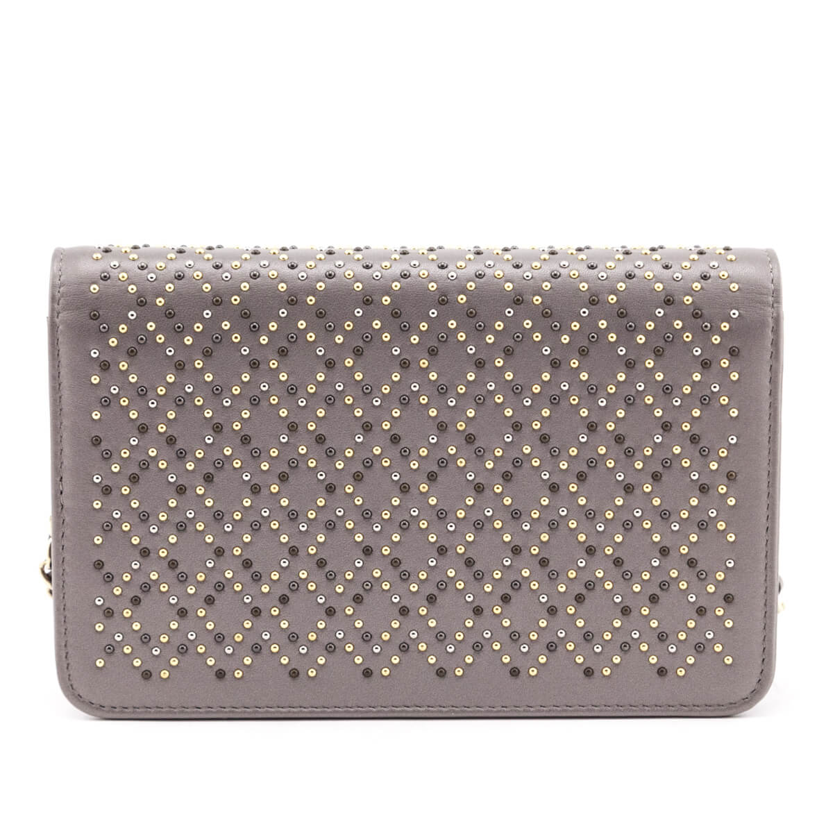 Chanel Metallic Gray Leather Studded Wallet on Chain Bag - Love that Bag etc - Preowned Authentic Designer Handbags & Preloved Fashions