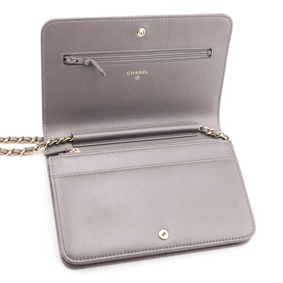 Chanel Metallic Gray Leather Studded Wallet on Chain Bag - Love that Bag etc - Preowned Authentic Designer Handbags & Preloved Fashions