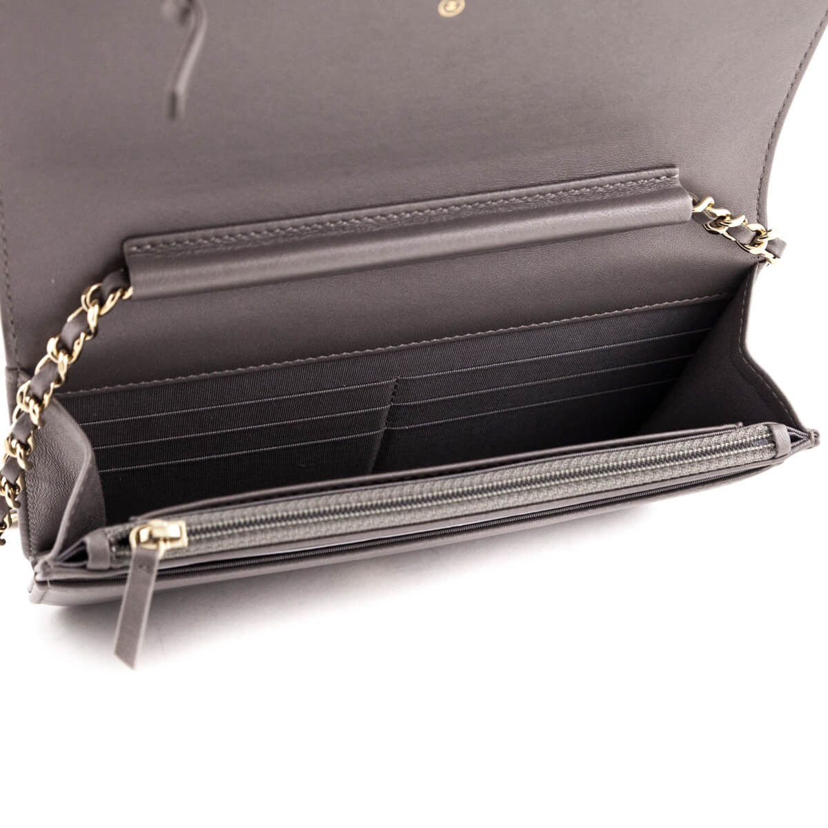 Chanel Metallic Gray Leather Studded Wallet on Chain Bag - Love that Bag etc - Preowned Authentic Designer Handbags & Preloved Fashions
