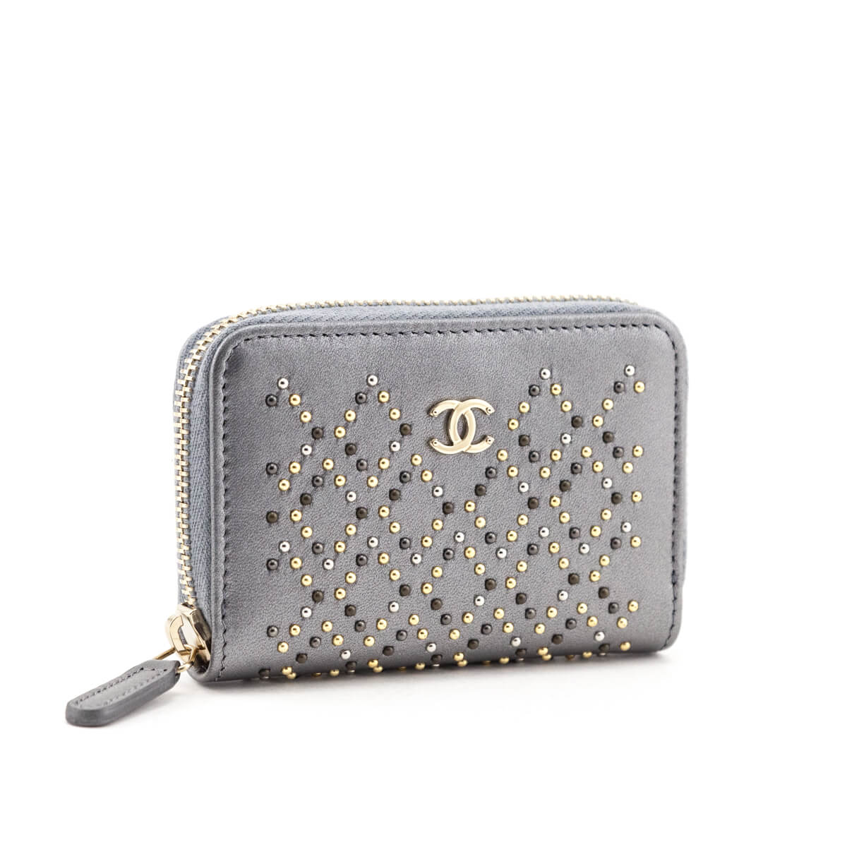 Chanel Metallic Gray Leather Studded Zip Coin Purse Wallet - Love that Bag etc - Preowned Authentic Designer Handbags & Preloved Fashions