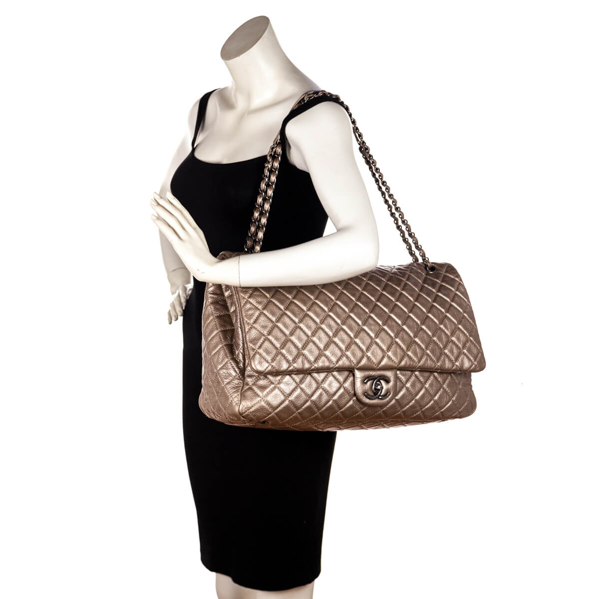 Chanel Pale Gold Metallic Calfskin Quilted XXL Travel Flap Bag - Love that Bag etc - Preowned Authentic Designer Handbags & Preloved Fashions