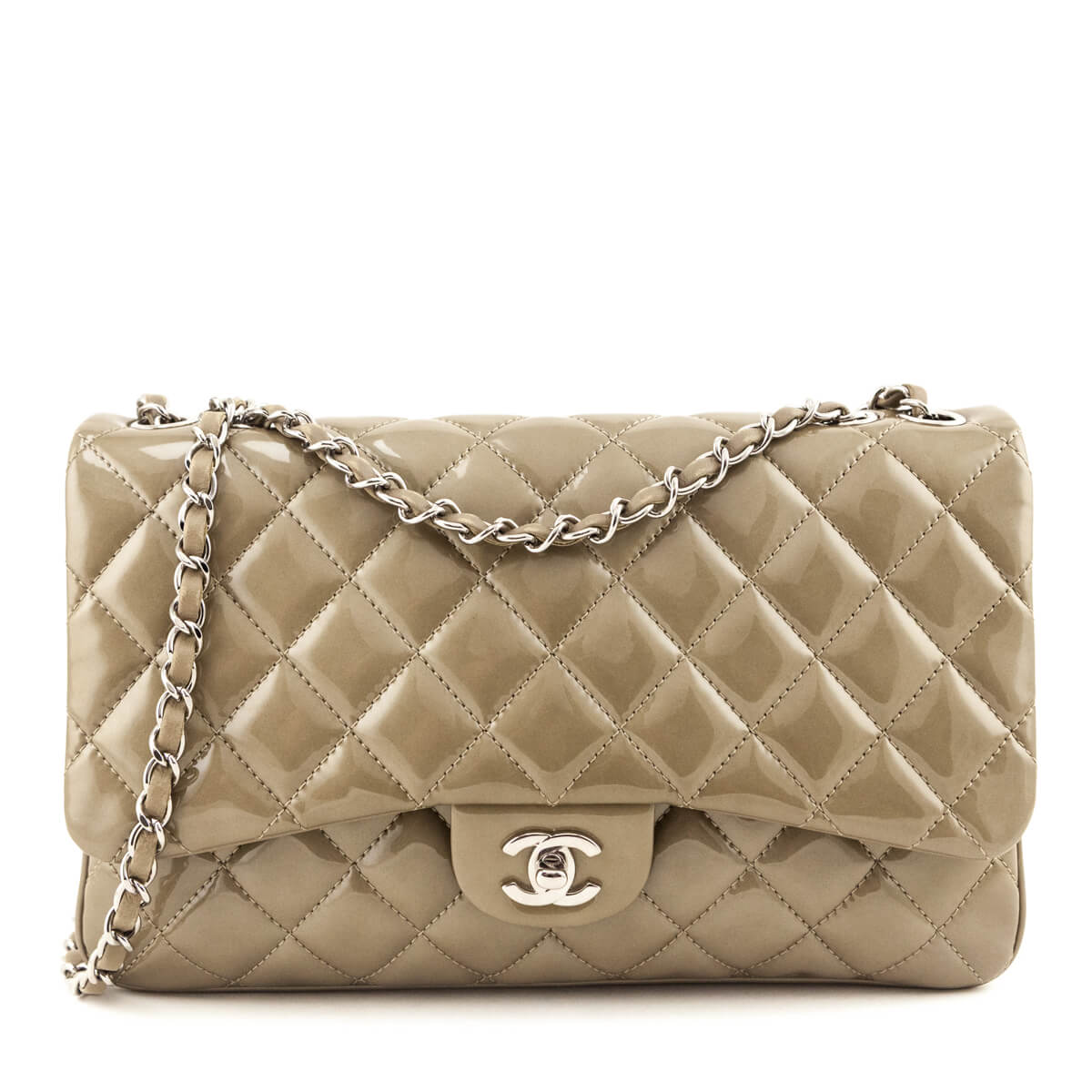 Chanel Taupe Patent Patent Quilted Accordion Jumbo Flap Bag