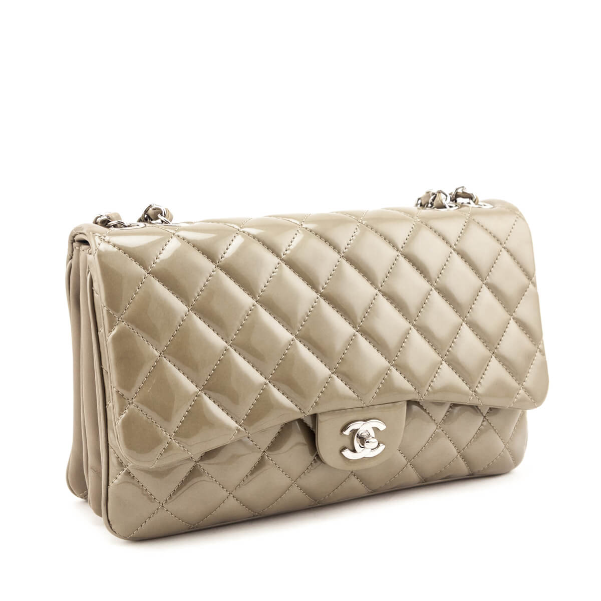 Chanel Taupe Patent Patent Quilted 3 Accordion Jumbo Flap Bag - Love that Bag etc - Preowned Authentic Designer Handbags & Preloved Fashions