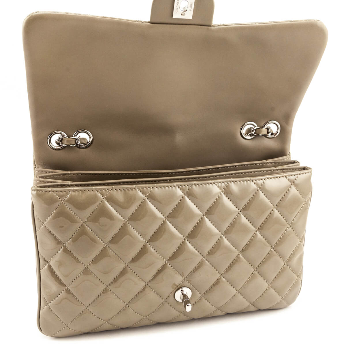 Chanel Taupe Patent Patent Quilted 3 Accordion Jumbo Flap Bag - Love that Bag etc - Preowned Authentic Designer Handbags & Preloved Fashions