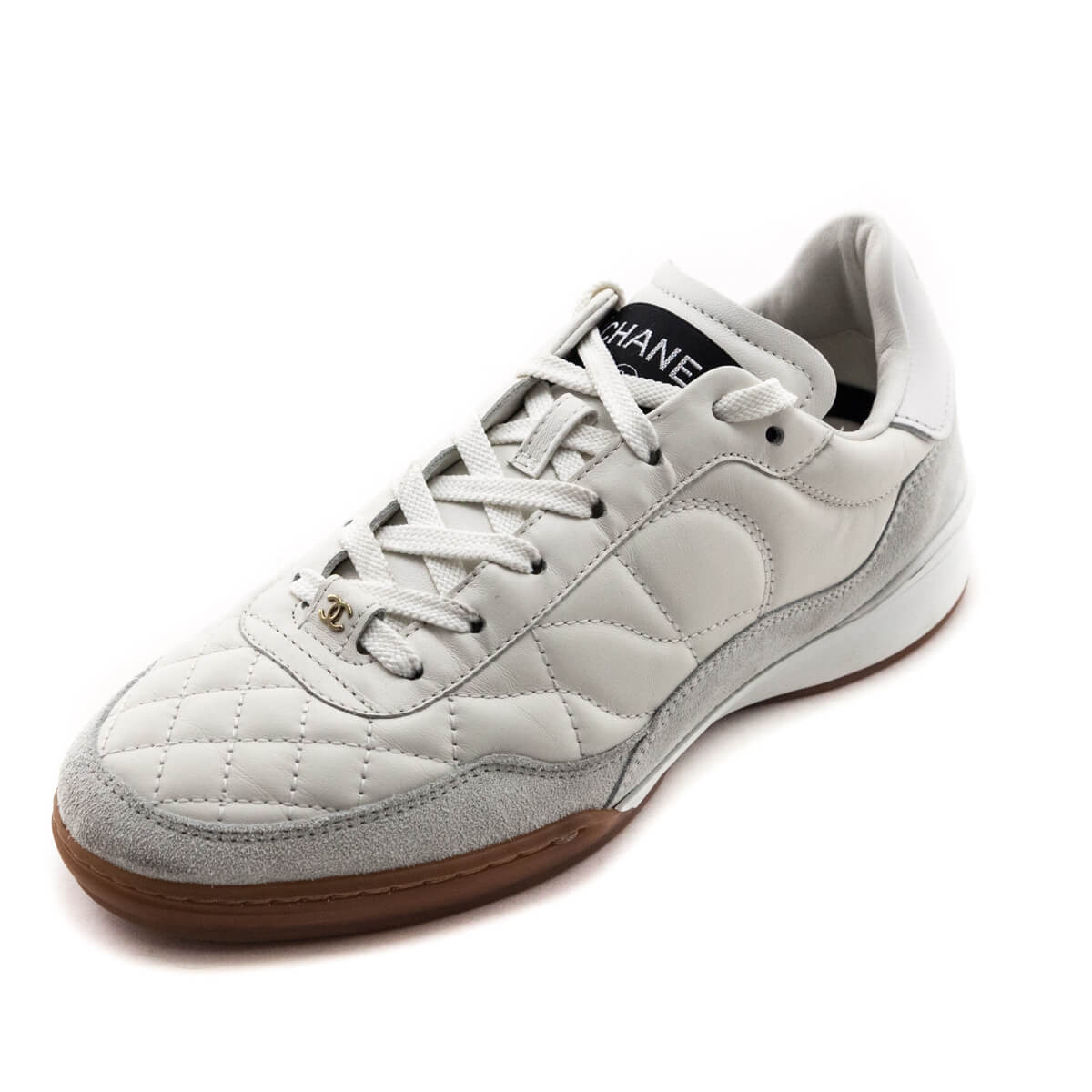 Chanel White Quilted Calfskin Suede CC Sneakers Authentic