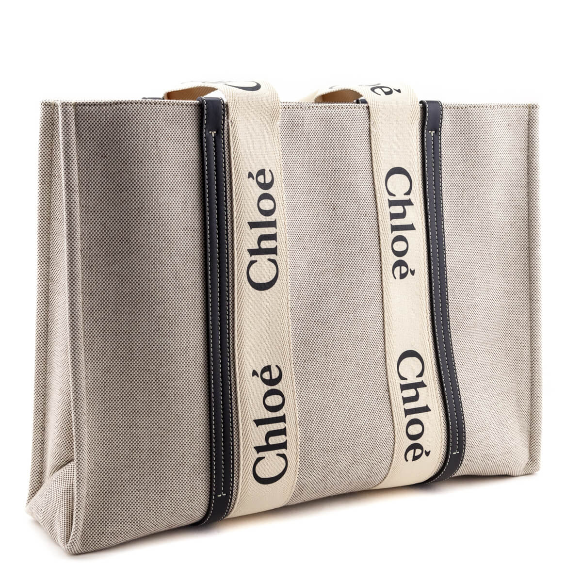 Chloe Linen Canvas & Calfskin Large Woody Tote - Love that Bag etc - Preowned Authentic Designer Handbags & Preloved Fashions