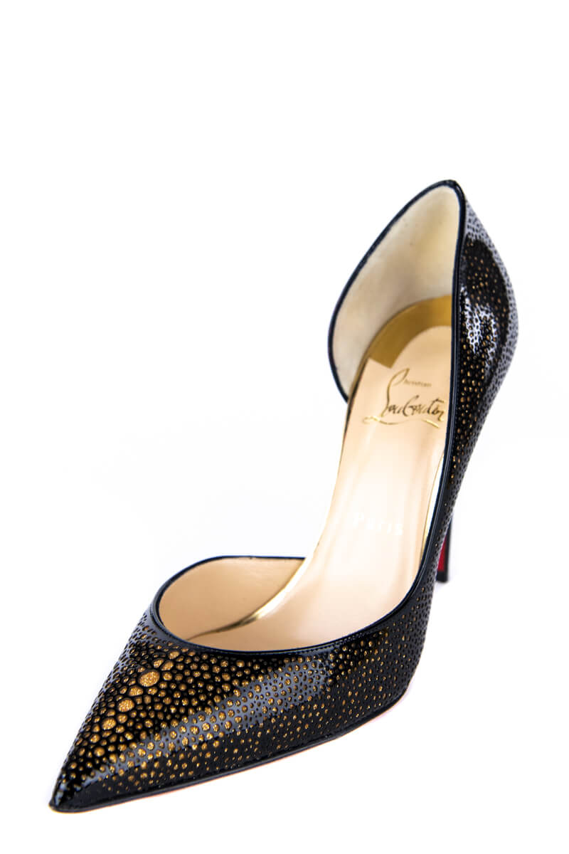 Christian Louboutin Black Gold Patent Leather Galupump 100 Pointed Toe Pumps Size US 9 EU 39