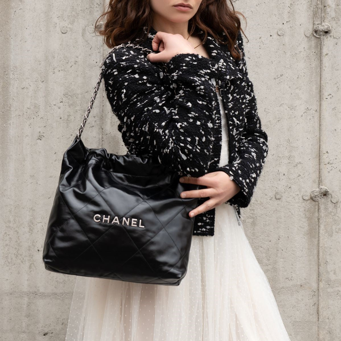 Chanel Black Shiny Calfskin Quilted Small Chanel 22 Bag - Love that Bag etc - Preowned Authentic Designer Handbags & Preloved Fashions