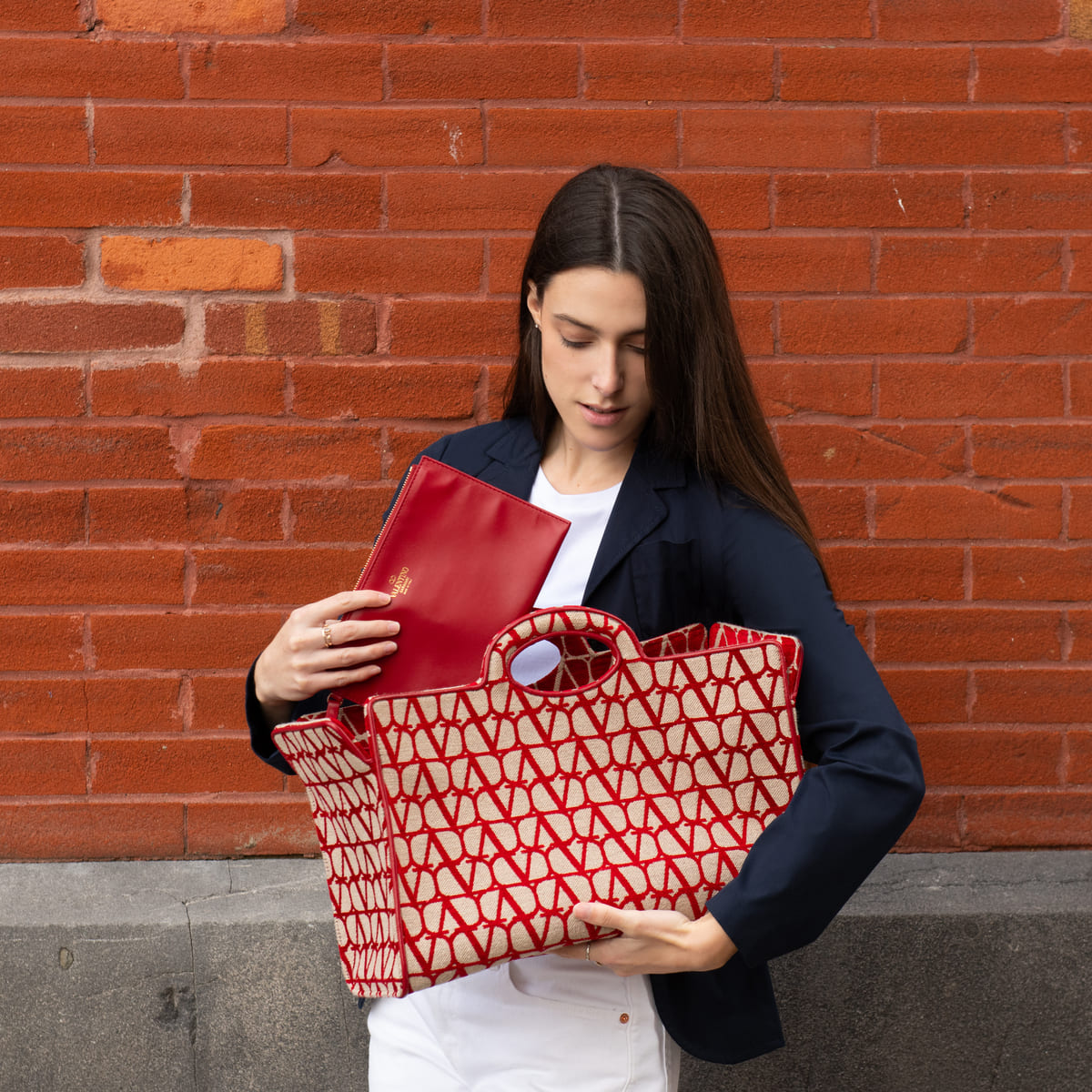 Valentino Beige & Red Le Troisieme Toile Iconographe Tote - Love that Bag etc - Preowned Authentic Designer Handbags & Preloved Fashions