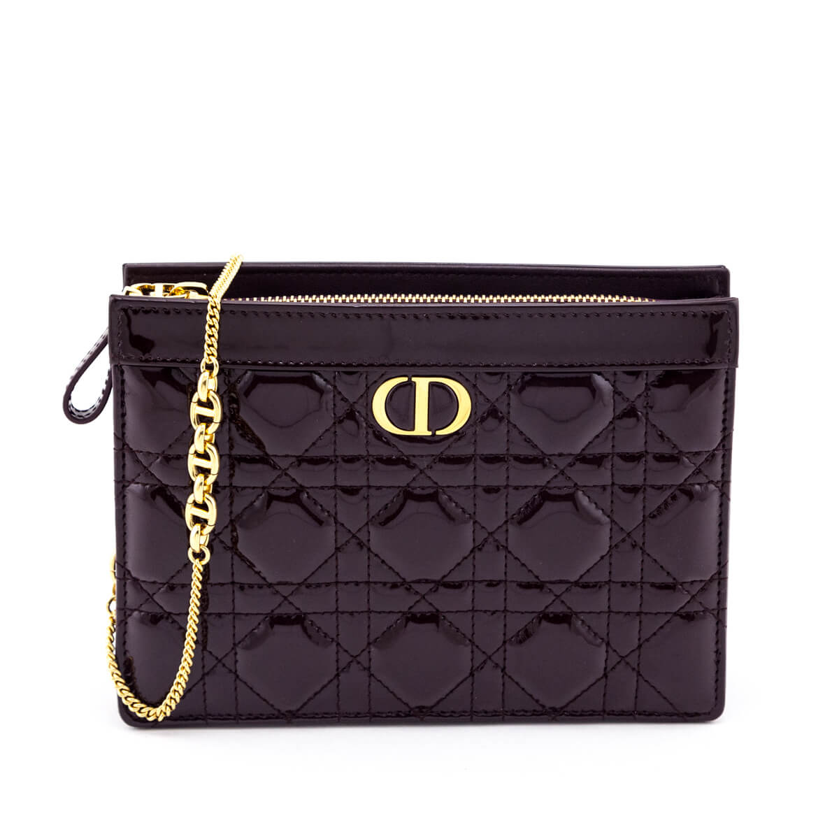 Dior Burgundy Patent Quilted Cannage Caro Zipped Pouch With Chain