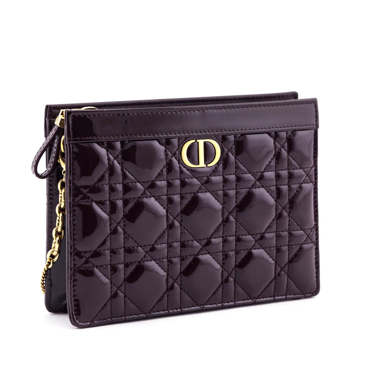 Dior Burgundy Patent Quilted Cannage Caro Zipped Pouch With Chain - Love that Bag etc - Preowned Authentic Designer Handbags & Preloved Fashions