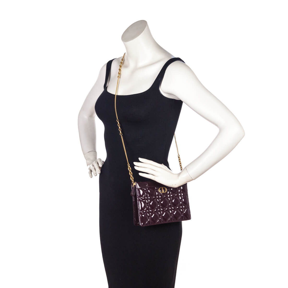 Dior Burgundy Patent Quilted Cannage Caro Zipped Pouch With Chain - Love that Bag etc - Preowned Authentic Designer Handbags & Preloved Fashions