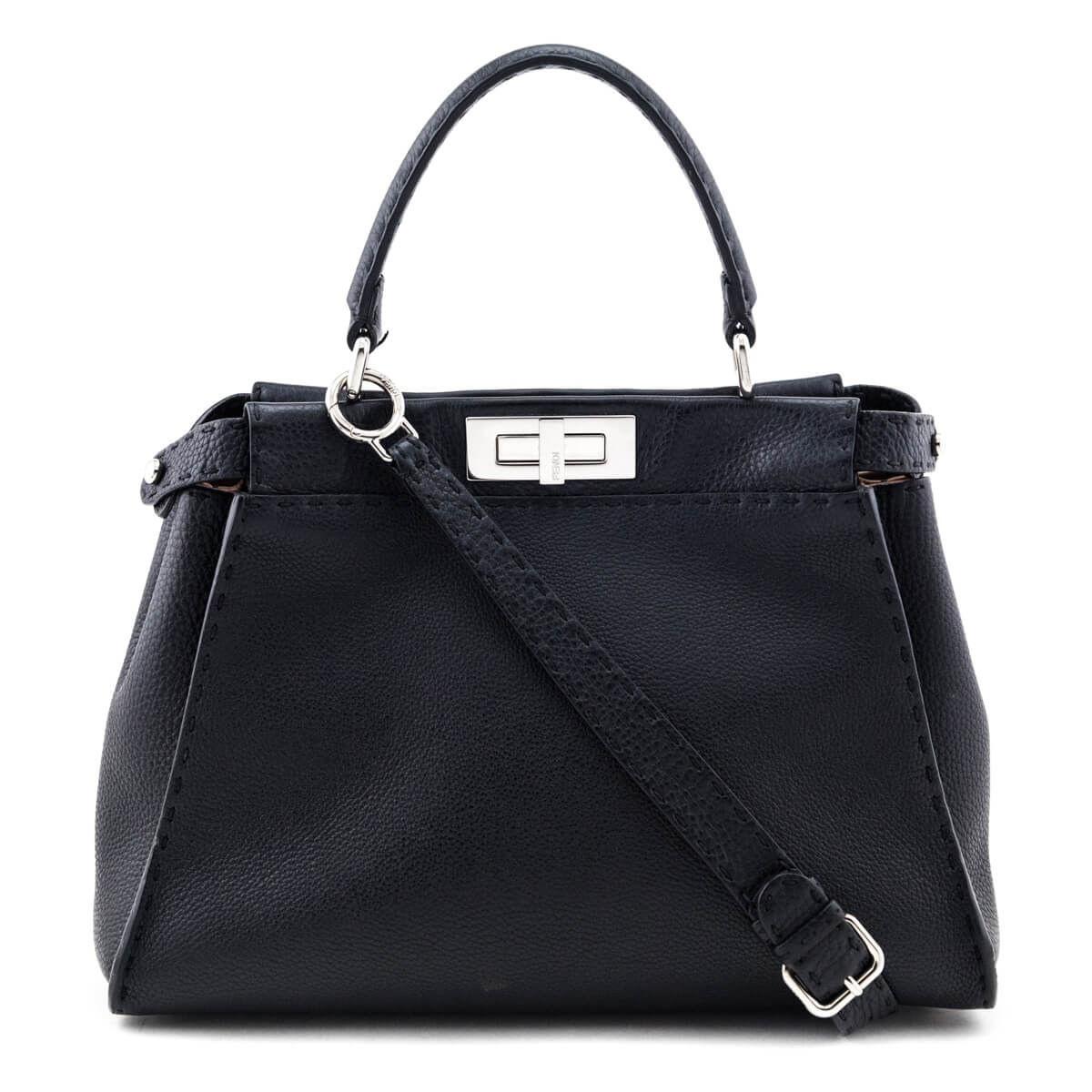 Fendi Black Cuoio Romano Selleria Medium Peekaboo Iconic Satchel