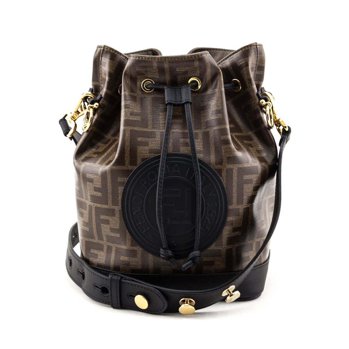Fendi Black & Glazed Fabric FF 1974 Stamp Patch Small Mon Tresor Bucket Bag - Love that Bag etc - Preowned Authentic Designer Handbags & Preloved Fashions