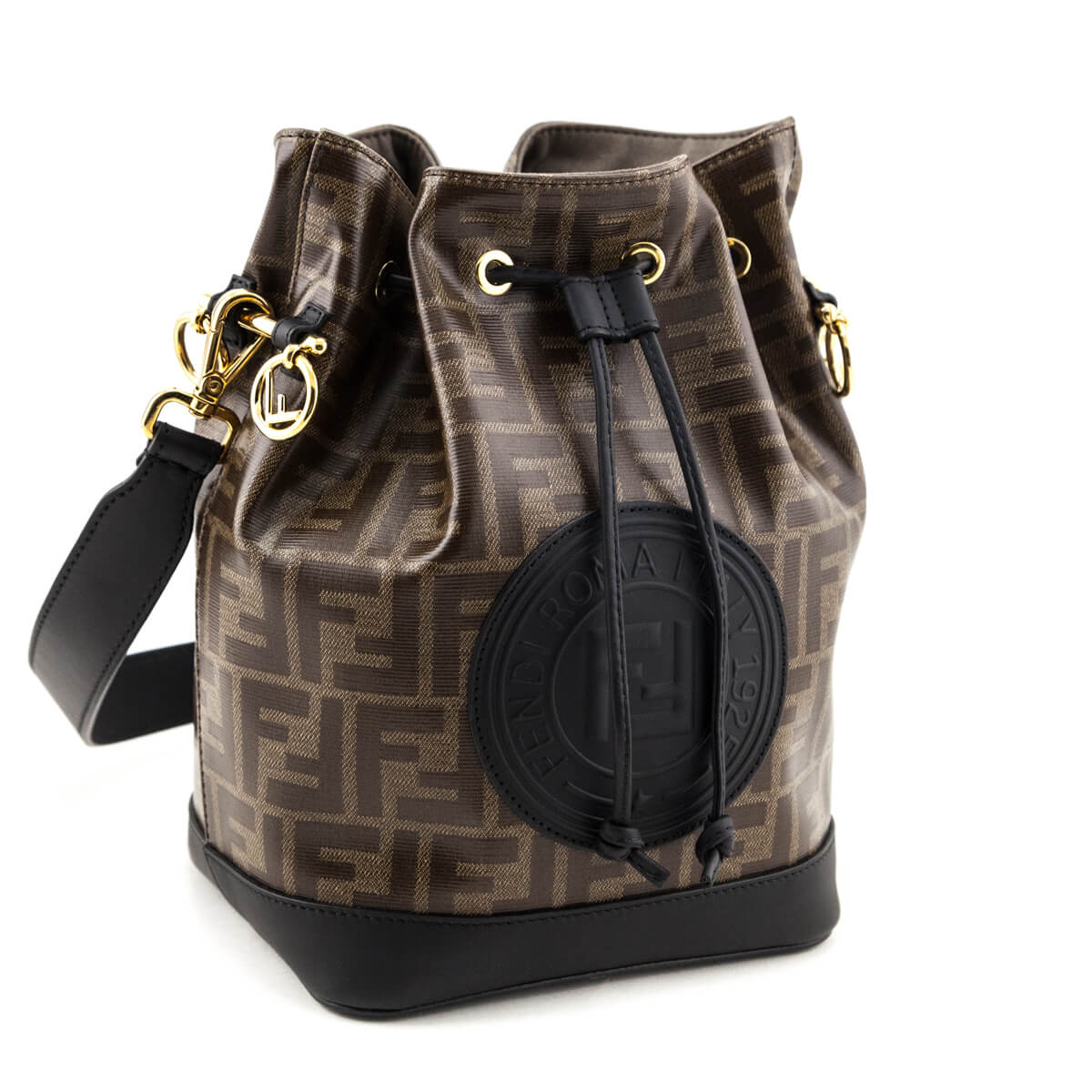 Fendi Black & Glazed Fabric FF 1974 Stamp Patch Small Mon Tresor Bucket Bag - Love that Bag etc - Preowned Authentic Designer Handbags & Preloved Fashions