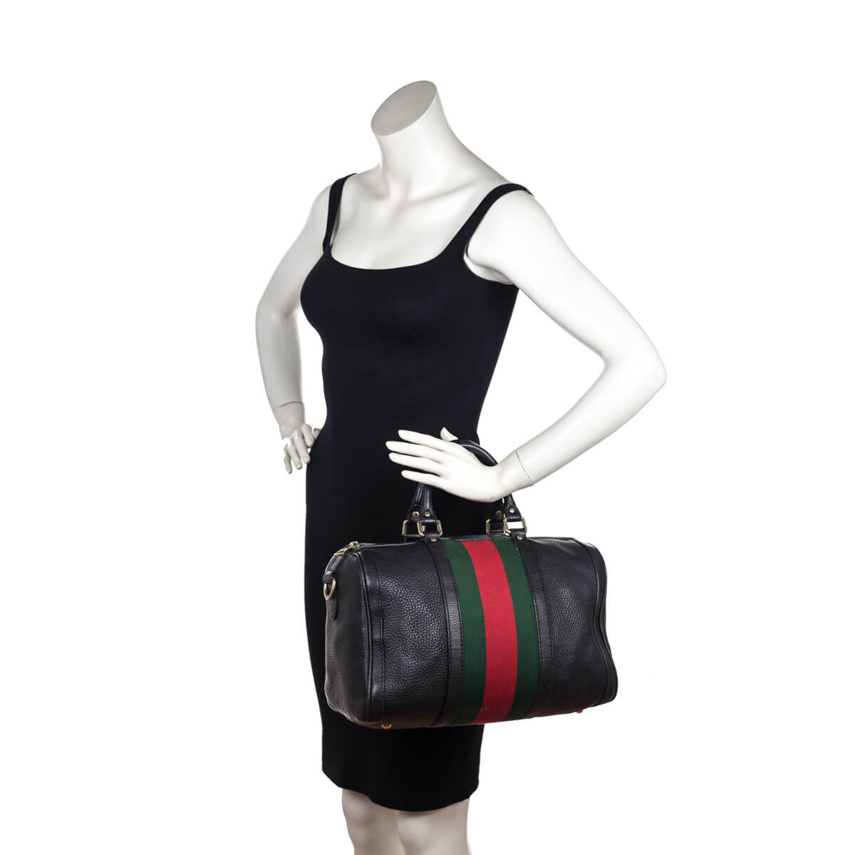 Gucci Black Pebbled Calfskin Web Boston Bag Top Handle - Love that Bag etc - Preowned Authentic Designer Handbags & Preloved Fashions