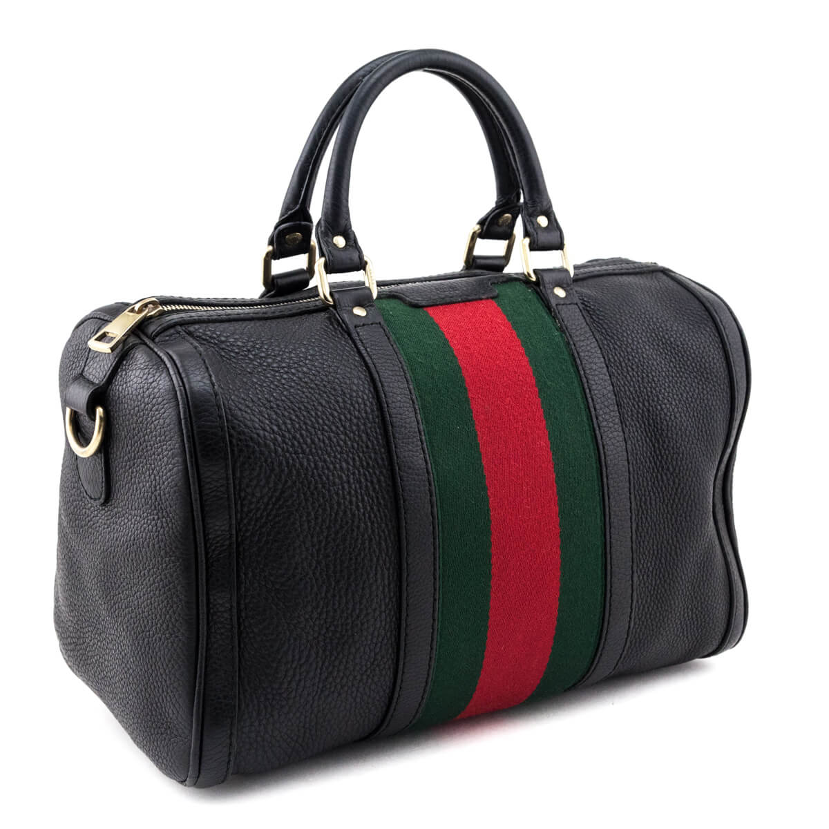 Gucci Black Pebbled Calfskin Web Boston Bag Top Handle - Love that Bag etc - Preowned Authentic Designer Handbags & Preloved Fashions