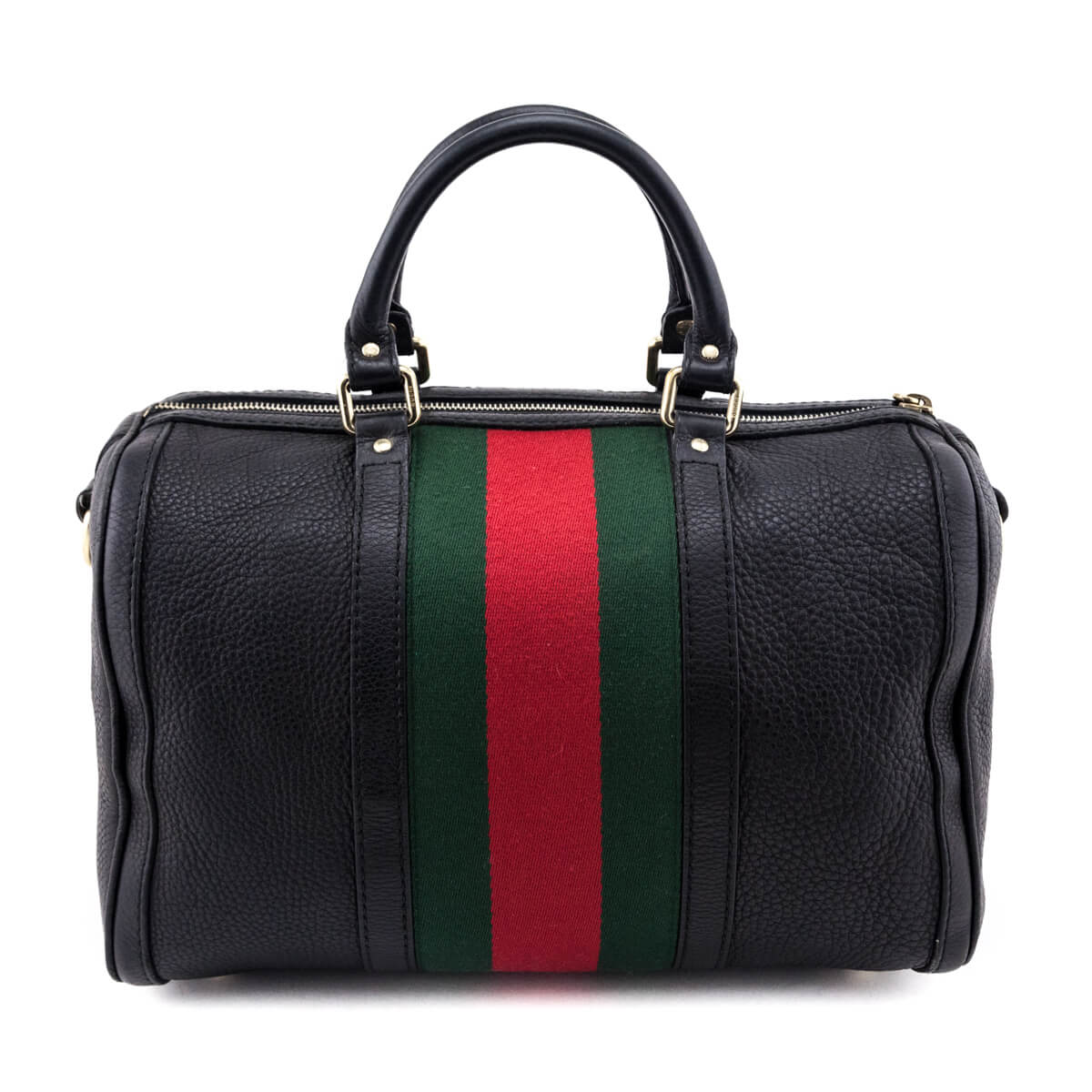 Gucci Black Pebbled Calfskin Web Boston Bag Top Handle - Love that Bag etc - Preowned Authentic Designer Handbags & Preloved Fashions