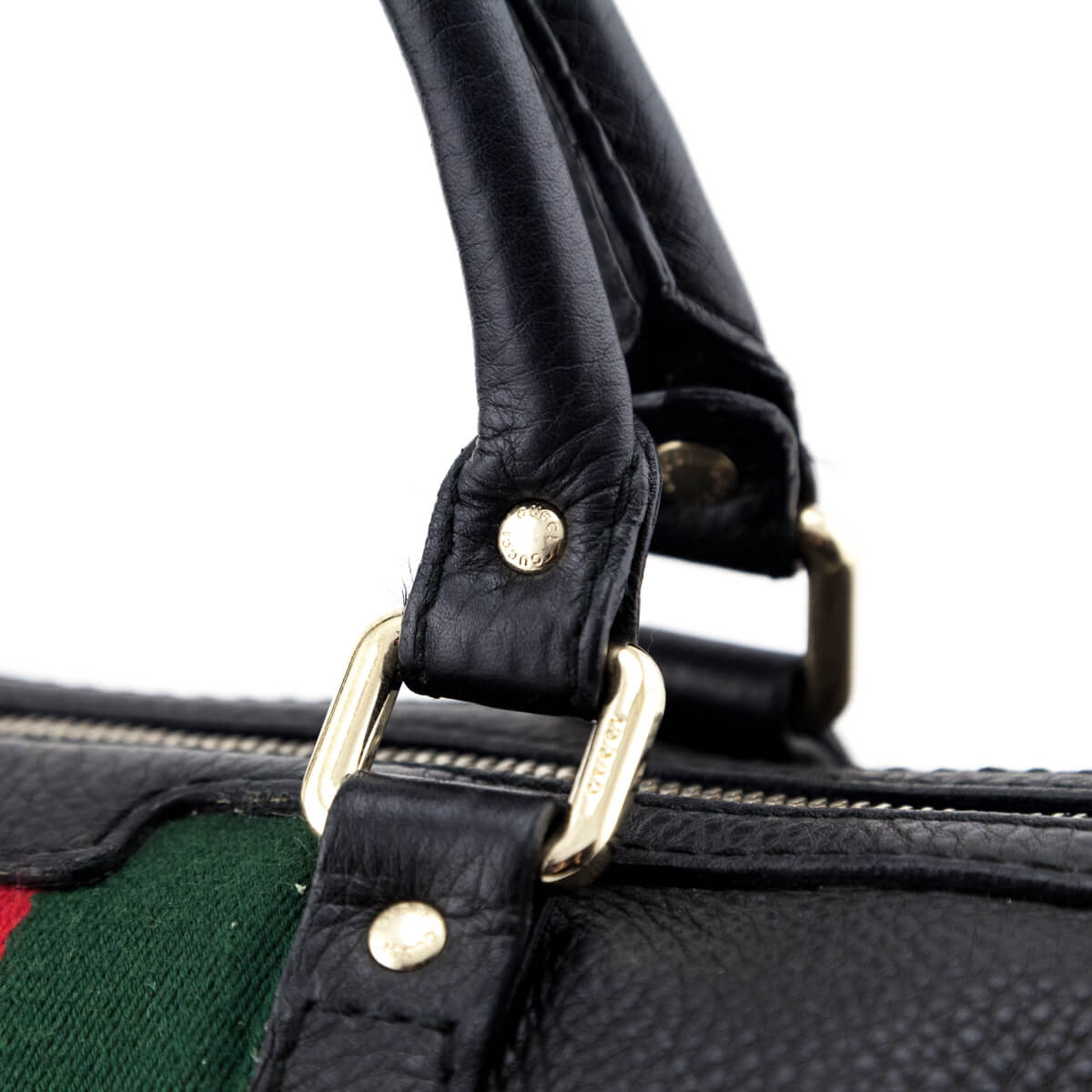 Gucci Black Pebbled Calfskin Web Boston Bag Top Handle - Love that Bag etc - Preowned Authentic Designer Handbags & Preloved Fashions