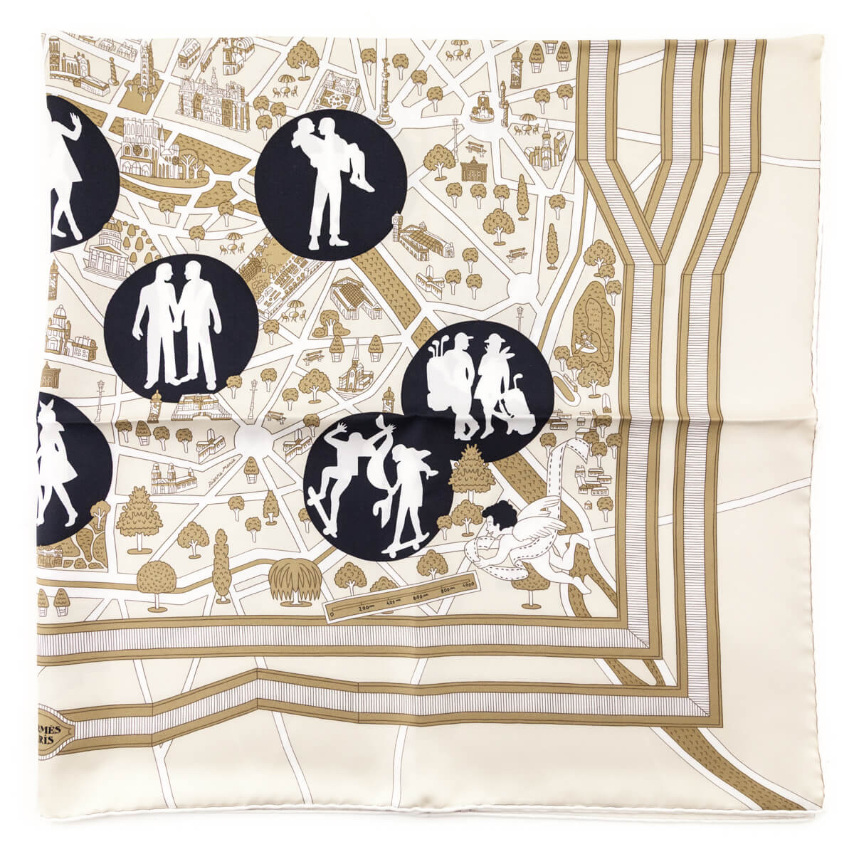 Hermes Beige Silk Les Nouveaux Amoureux de Paris Scarf 90