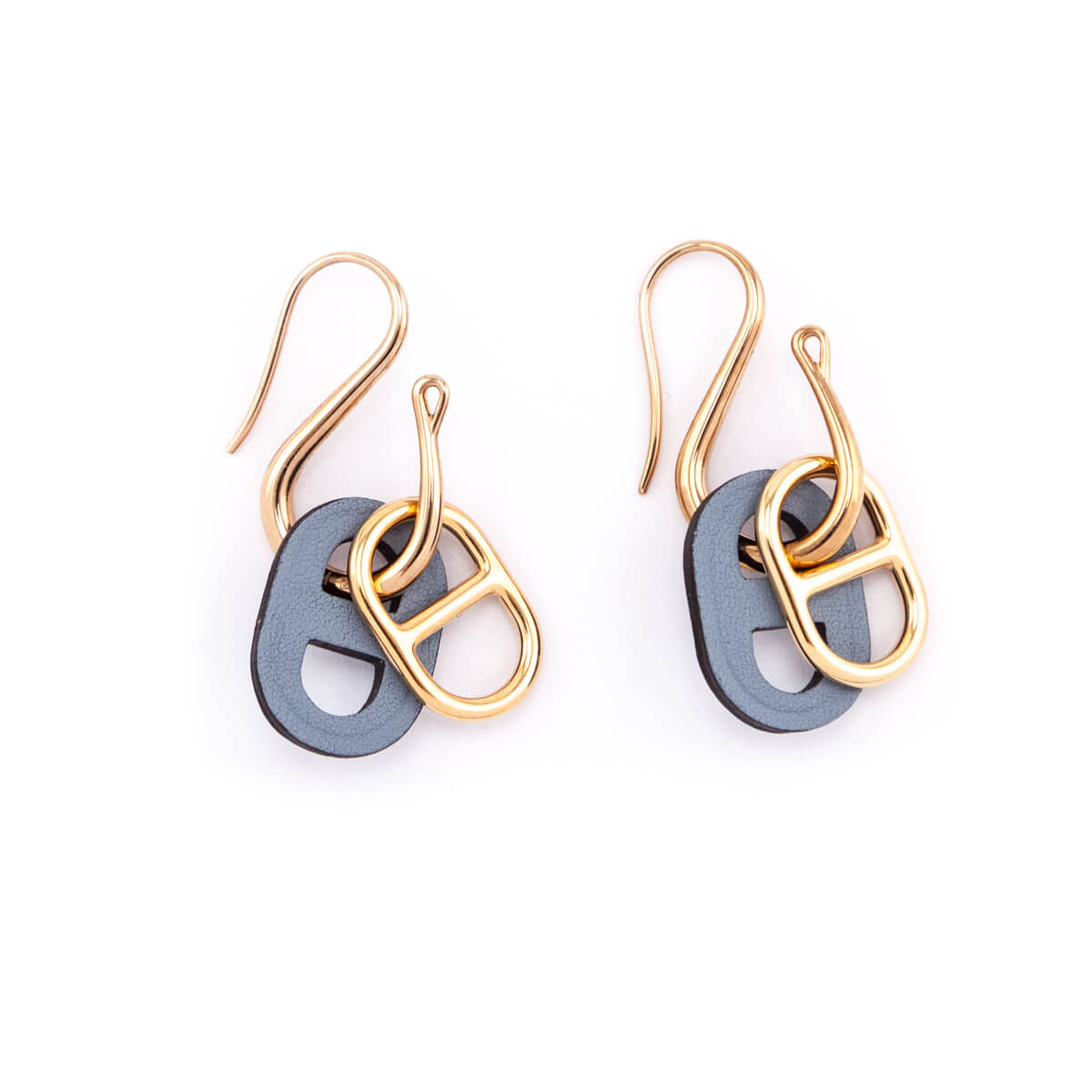 Hermes Rose Gold-Plated & Bleu Lin Swift O'Maillon Earrings