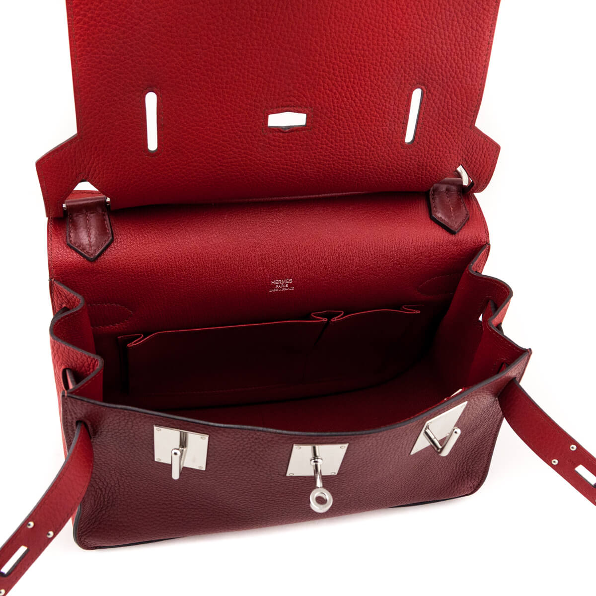 Hermes Rouge H & Rouge Casaque Taurillon Clemence Bi-Color Jypsiere 28 - Love that Bag etc - Preowned Authentic Designer Handbags & Preloved Fashions