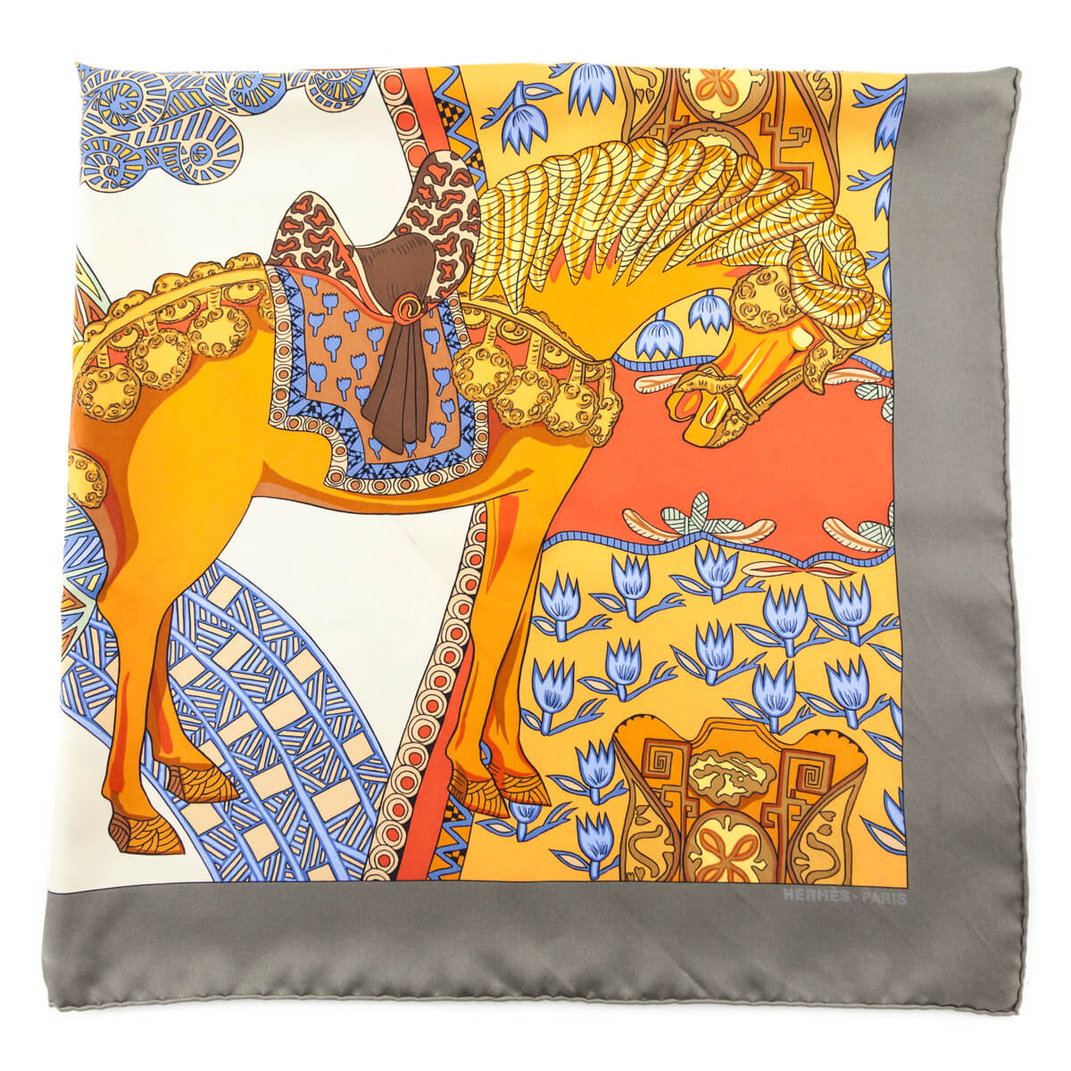 Hermes Taupe & Orange Arts des Steppes Silk Scarf 90