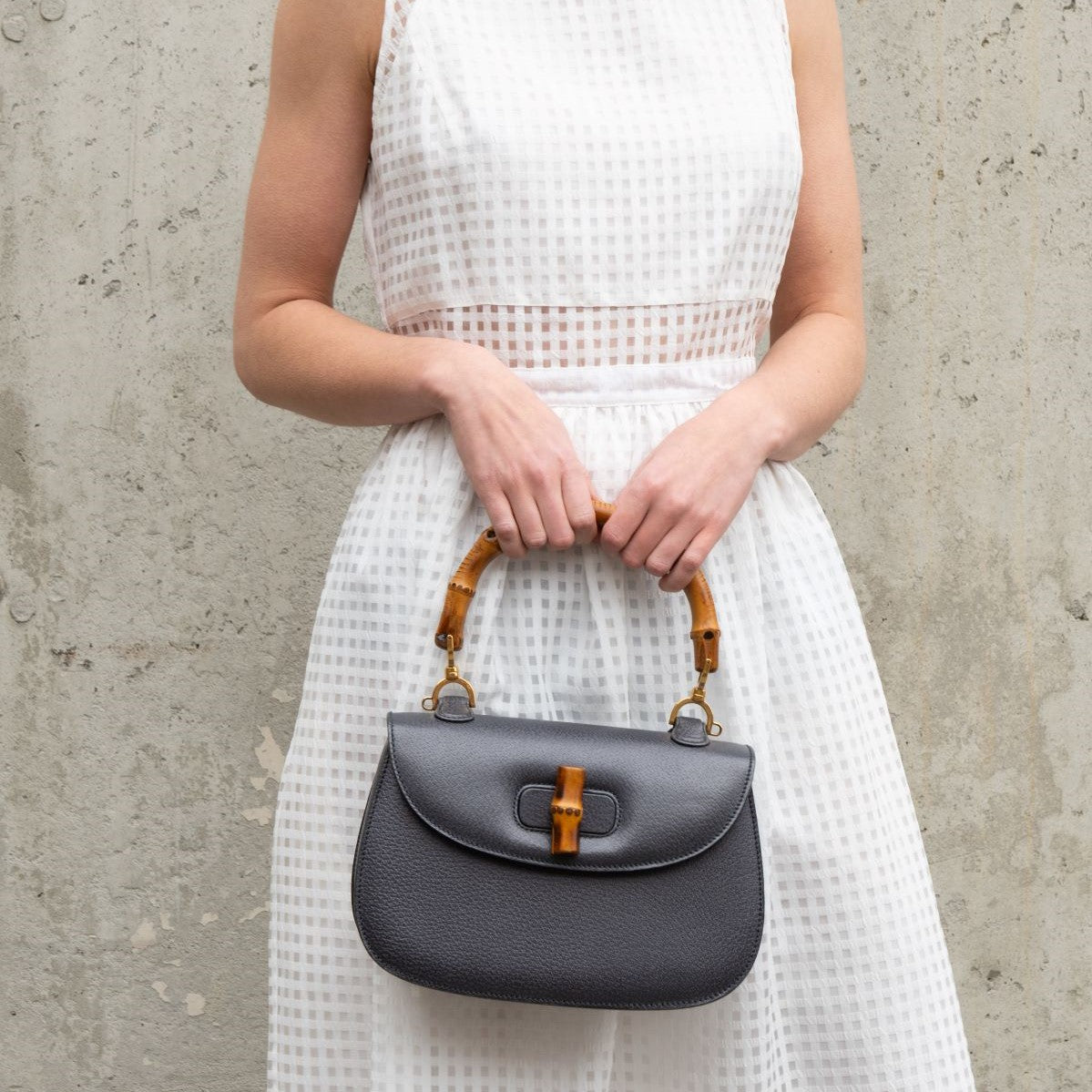 Gucci Gray Grained Calfskin Bamboo Top Handle Bag - Love that Bag etc - Preowned Authentic Designer Handbags & Preloved Fashions