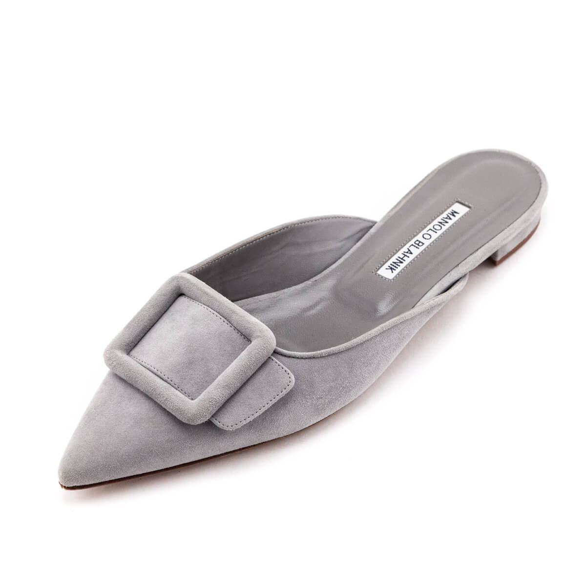 Manolo Blahnik Light Gray Suede Maysale Buckle Pointed Toe Mules Size US 9.5 | EU 39.5 - Love that Bag etc - Preowned Authentic Designer Handbags & Preloved Fashions