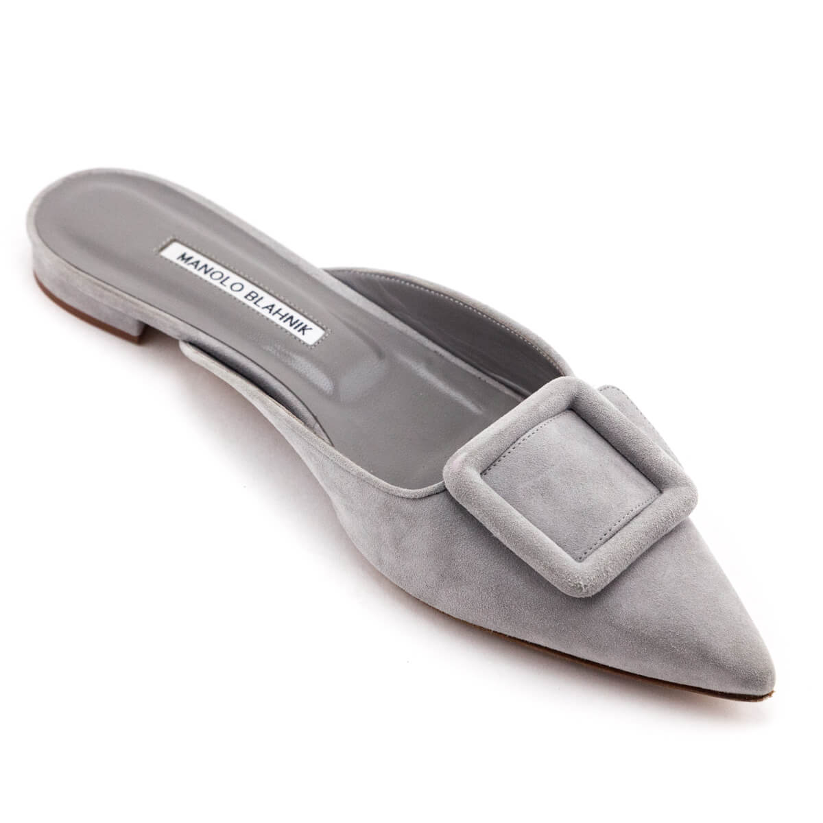 Manolo Blahnik Light Gray Suede Maysale Buckle Pointed Toe Mules Size US 9.5 | EU 39.5 - Love that Bag etc - Preowned Authentic Designer Handbags & Preloved Fashions