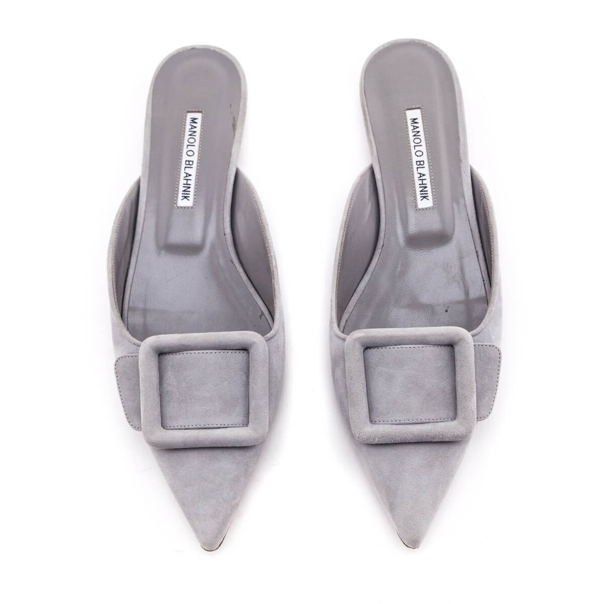 Manolo Blahnik Light Gray Suede Maysale Buckle Pointed Toe Mules Size US 9.5 | EU 39.5 - Love that Bag etc - Preowned Authentic Designer Handbags & Preloved Fashions
