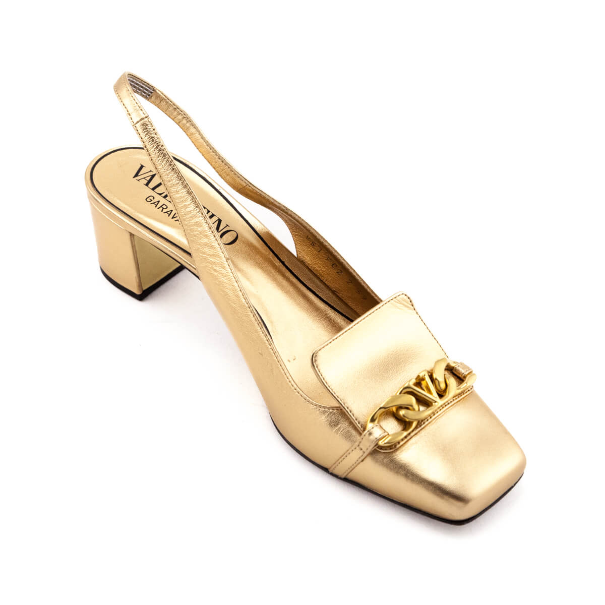 Valentino Gold Chain Link Accent Square Toe Slingback Mid-Heel Pumps Size US 9 | EU 39 - Love that Bag etc - Preowned Authentic Designer Handbags & Preloved Fashions