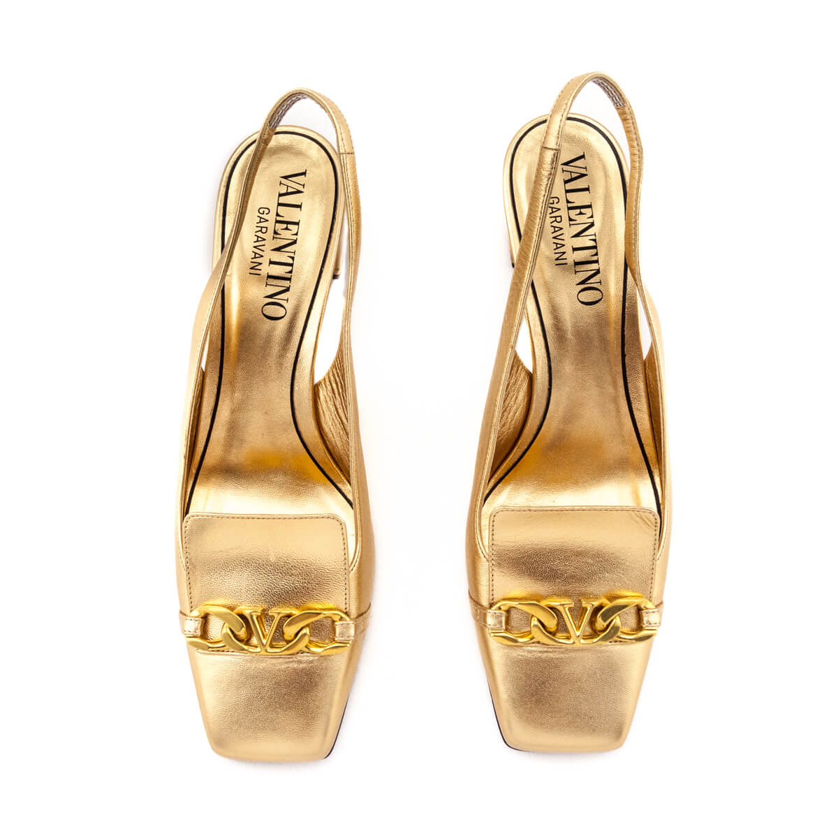 Valentino Gold Chain Link Accent Square Toe Slingback Mid-Heel Pumps Size US 9 | EU 39 - Love that Bag etc - Preowned Authentic Designer Handbags & Preloved Fashions