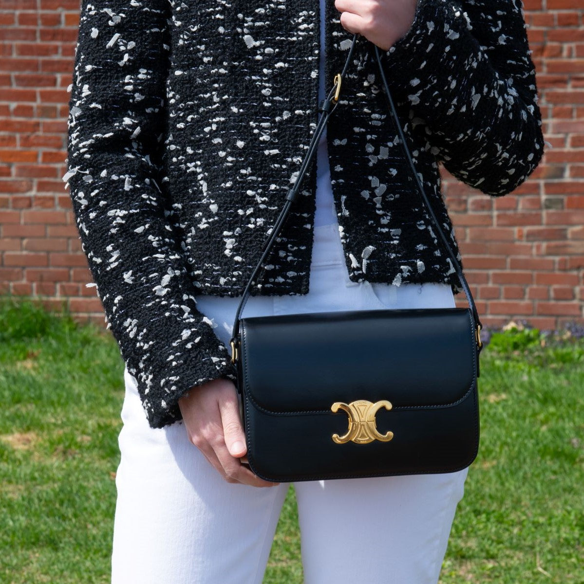 Celine Black Shiny Calfskin Medium Triomphe Bag - Love that Bag etc - Preowned Authentic Designer Handbags & Preloved Fashions