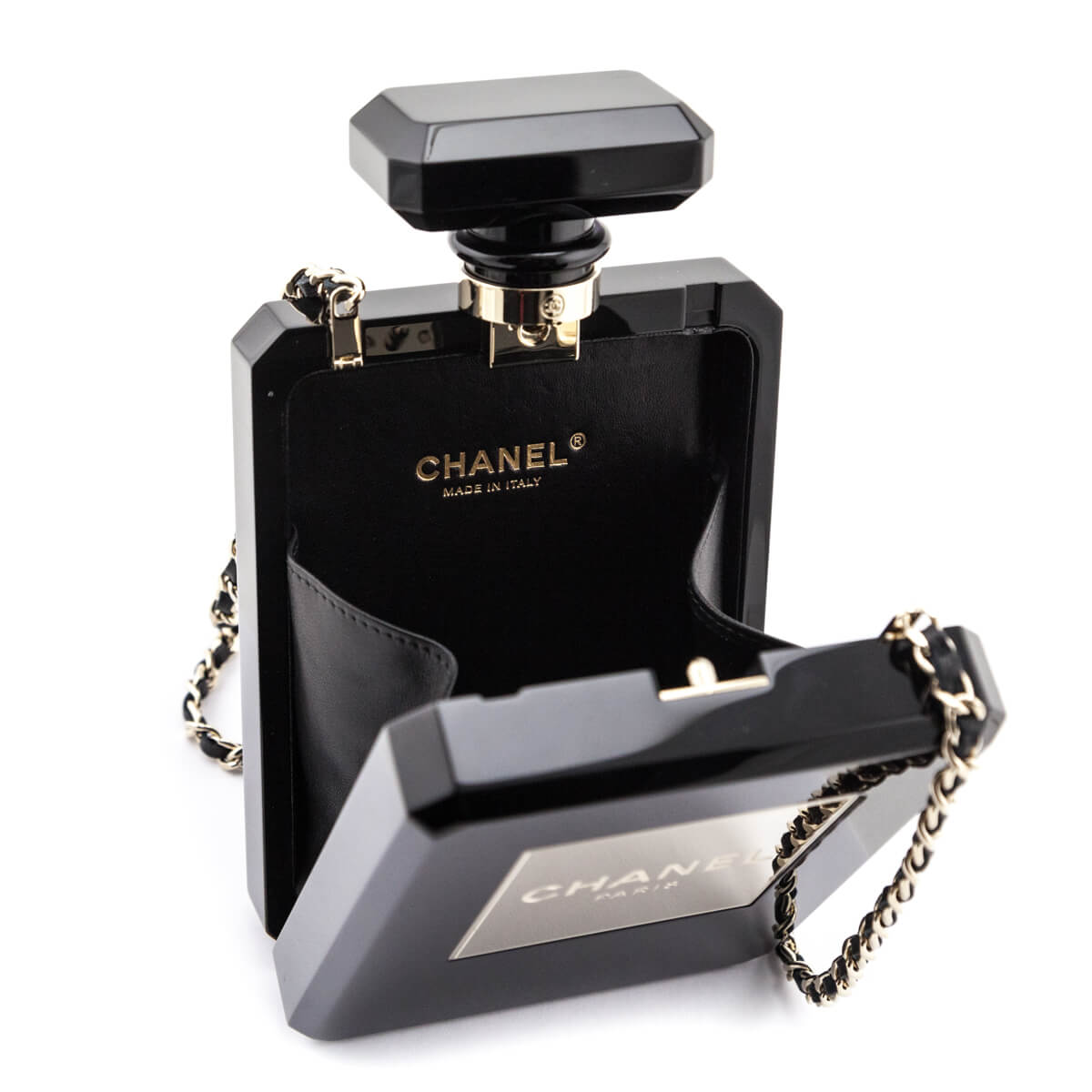 Chanel Black Plexiglass Perfume Bottle Minaudiere - Love that Bag etc - Preowned Authentic Designer Handbags & Preloved Fashions