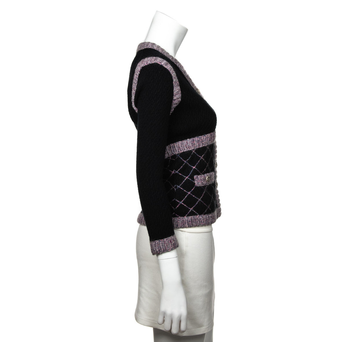 Chanel Black & Pink Silk & Cashmere Blend Brasserie Gabrielle Diamond Cardigan XXS | FR 34 - Love that Bag etc - Preowned Authentic Designer Handbags & Preloved Fashions