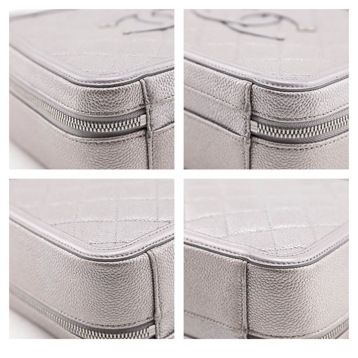 Chanel Metallic Silver Caviar Quilted Medium CC Filigree Vanity Case - Love that Bag etc - Preowned Authentic Designer Handbags & Preloved Fashions