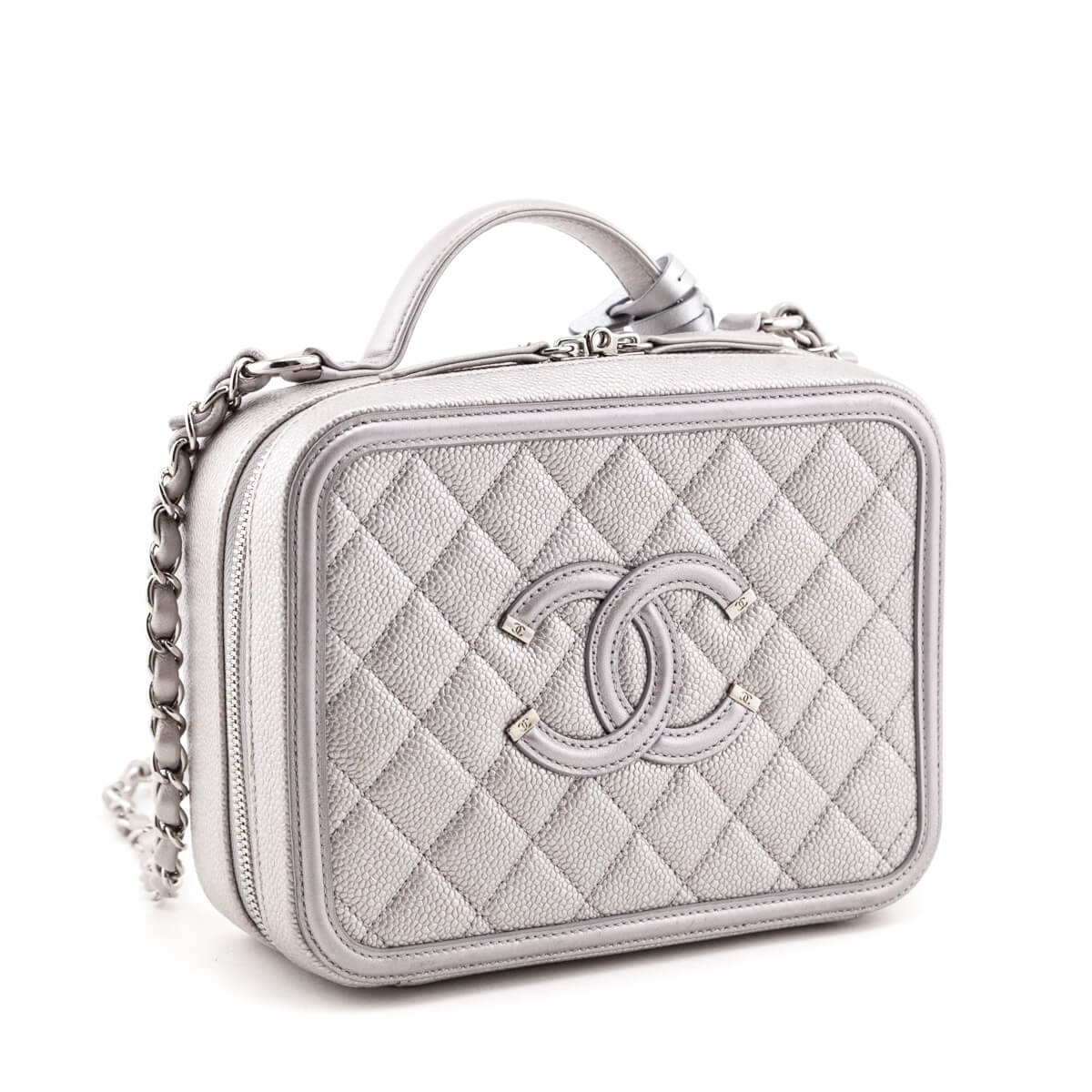 Chanel Metallic Silver Caviar Quilted Medium CC Filigree Vanity Case - Love that Bag etc - Preowned Authentic Designer Handbags & Preloved Fashions