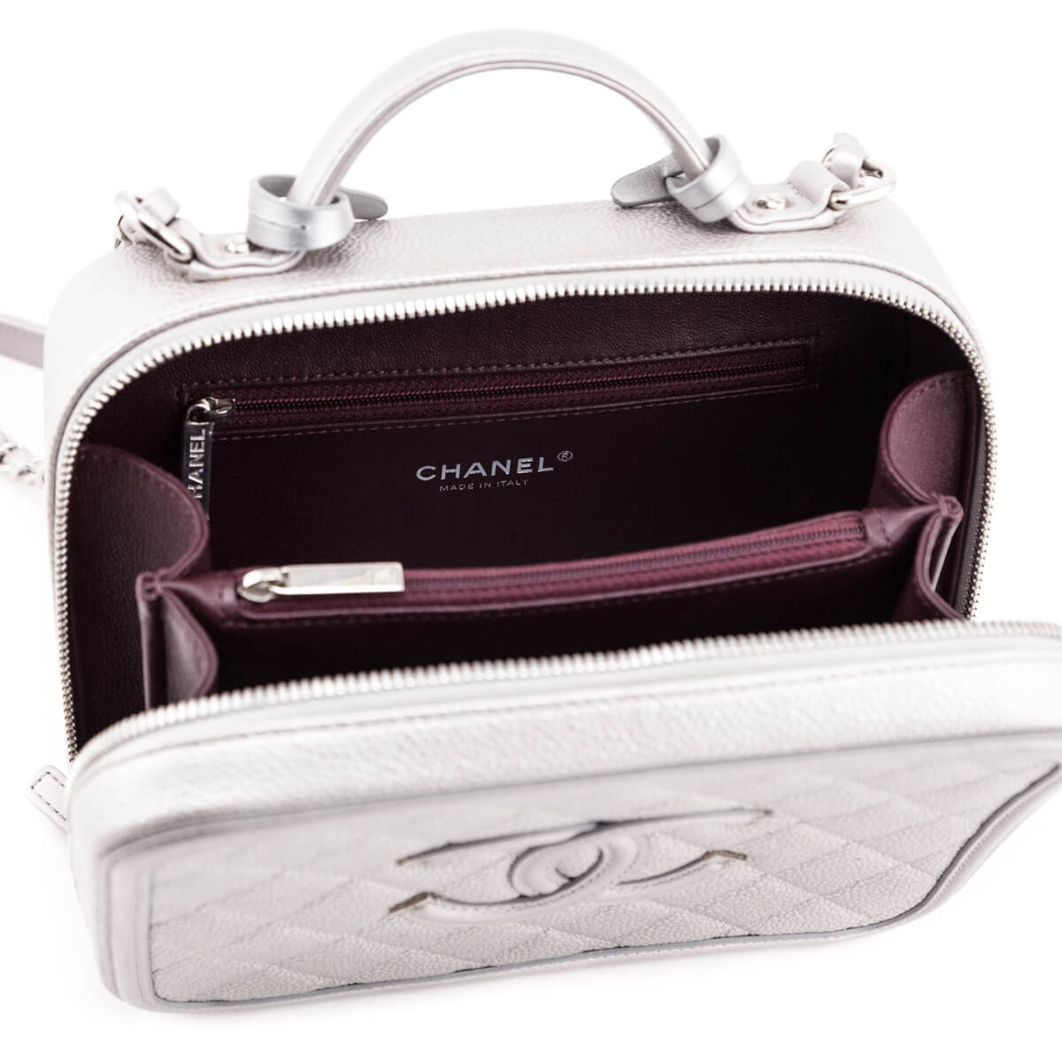 Chanel Metallic Silver Caviar Quilted Medium CC Filigree Vanity Case - Love that Bag etc - Preowned Authentic Designer Handbags & Preloved Fashions