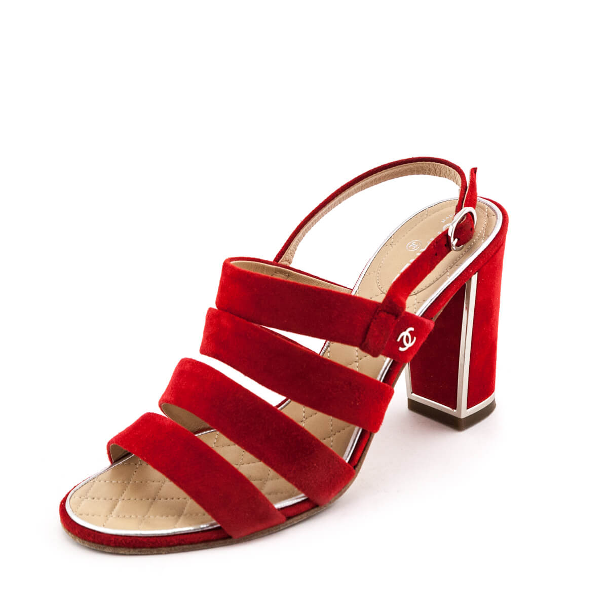 Chanel Red Suede Multi-Strap CC Sandals Secondhand Chanel Pumps