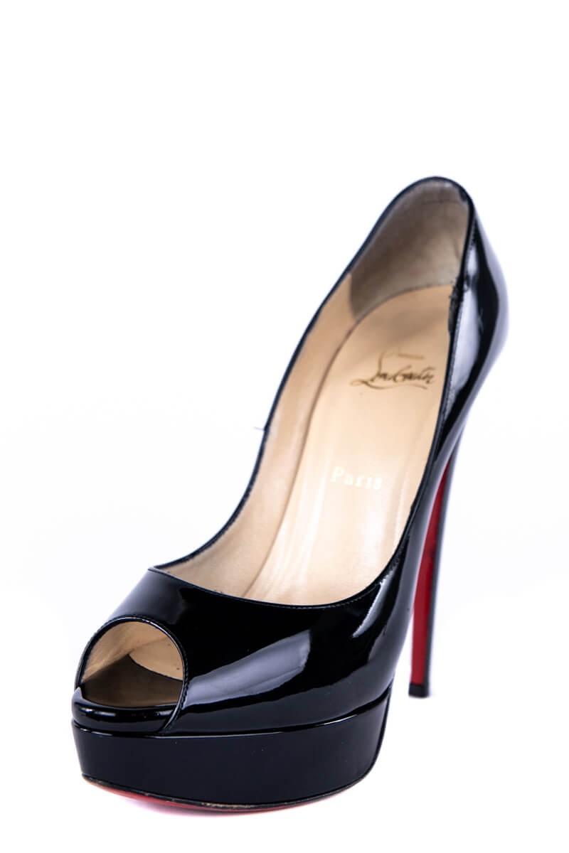 Christian Louboutin Black Patent Leather Lady Peep Platform Pumps