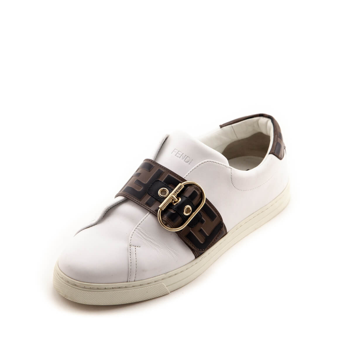 Fendi White Leather Signature Zucca Buckled Low Top Sneakers