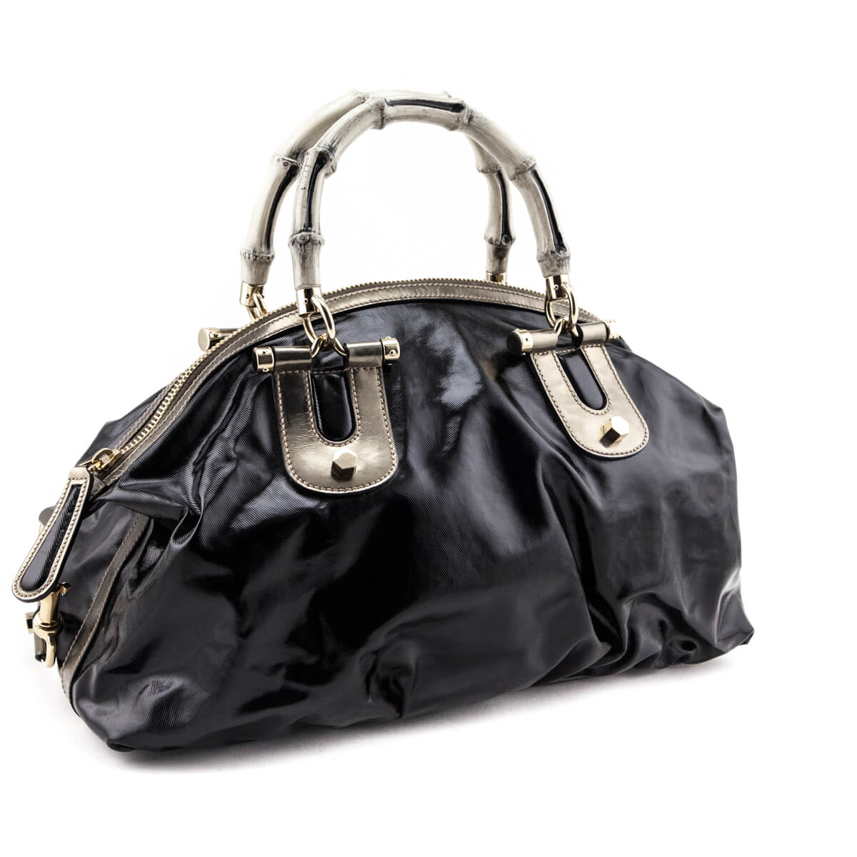 Gucci Black Patent Coated Fabric Dialux Pop Bamboo Bowler Bag - Love that Bag etc - Preowned Authentic Designer Handbags & Preloved Fashions