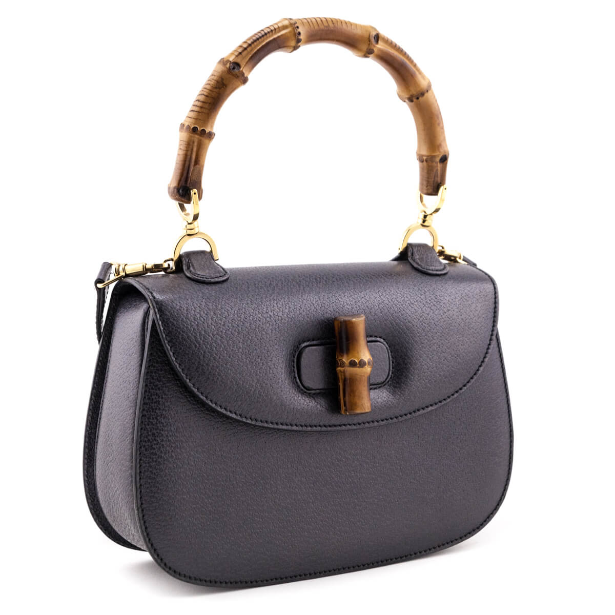 Gucci Gray Grained Calfskin Bamboo Top Handle Bag - Love that Bag etc - Preowned Authentic Designer Handbags & Preloved Fashions